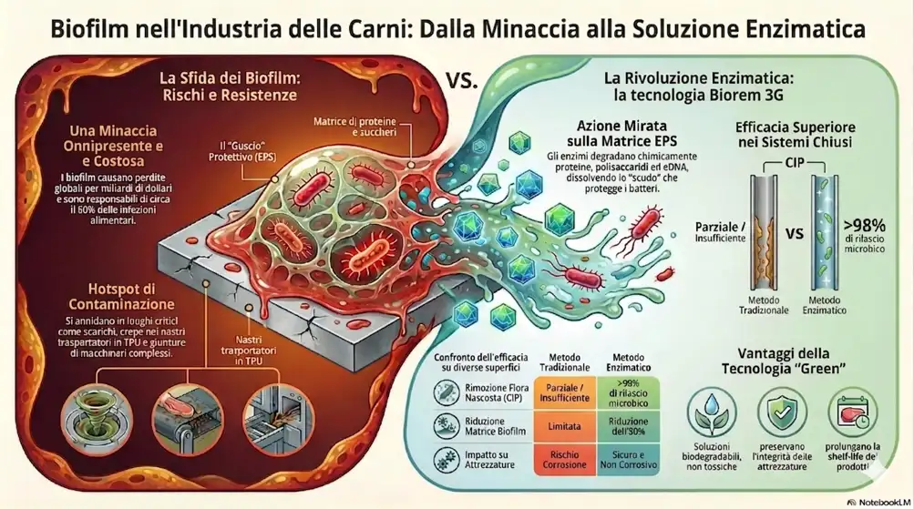 flusso che spiega come la tecnologia Biorem 3G sia la soluzione ai problemi di biofilm nell'industria delle carni